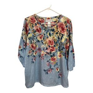 Alfred Dunner Floral Knit Top Womens Blue Rose Print 3/4 Sleeve Lightweight Blou